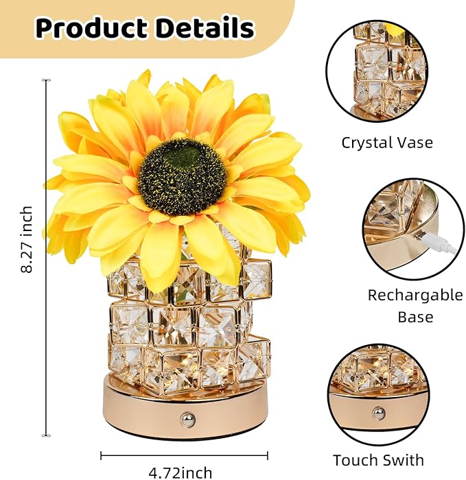 Sunflower Gifts for Women, 4000mAh Rechargeable Flower Lamp with 3-Color Stepless Dimming, Touch Control Cordless Table Lamp Night-Light for Home Decor,Unique Birthday Gifts for Women