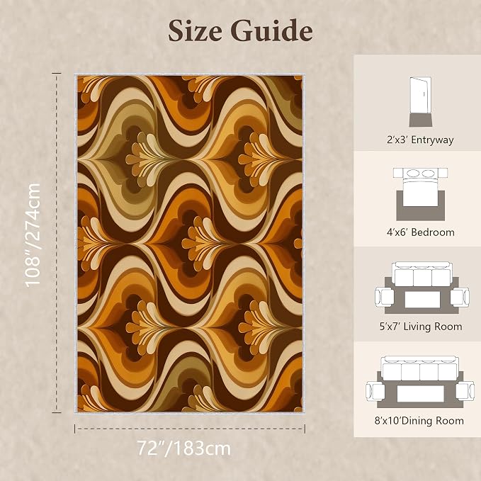 Retro 70s Area Rug 6x9, Mid Century Floral Geometric Rug, Burnt Orange Brown Vintage Carpet for Living Room Bedroom, Non-Slip Washable Area Rug