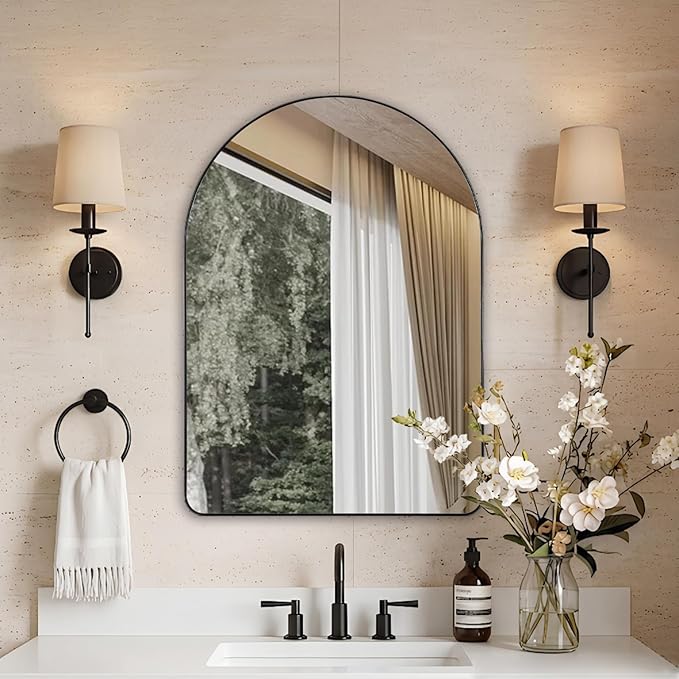 ANDY STAR Arched Mirror, 20 x 28 Inch Black Wall Mirror in Stainless Steel Metal Frame, Arch Top Rounded Corner 1 Inch Deep Set Design Wall Mount Hangs Vertical