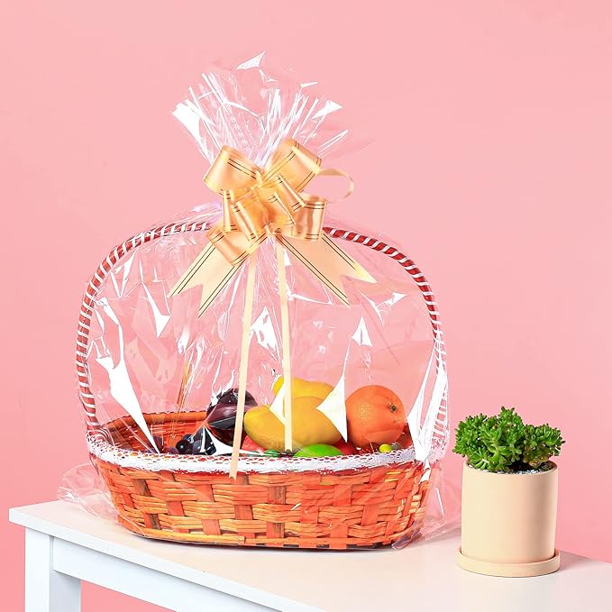 50 Packs 32” x 40” Cellophane Bags for Basket Extra-large Jumbo Clear Cellophane Wraps Clear Huge Cello Bags for Baskets, Gifts, Christmas Trees, Treats, Arts and Crafts, 50ct Ribbon Bows