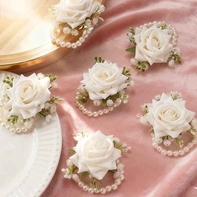 6 PCS Artificial Flowers Wrist Corsage Wristlet Band，Wedding Ball Accessories for Brides, Grooms, Bridesmaids