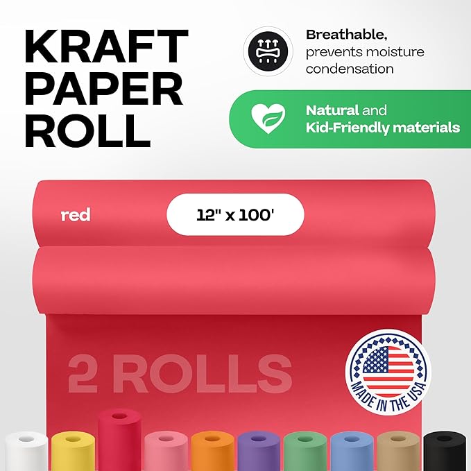 12" x 1200" (100 ft) Christmas Red Kraft Paper Roll, Pack of 2 - USA-Made Quality Craft Paper for Gift Wrapping, Kids' Arts & Crafts, School Projects - Natural Material 50lb Thickness by IDL Packaging