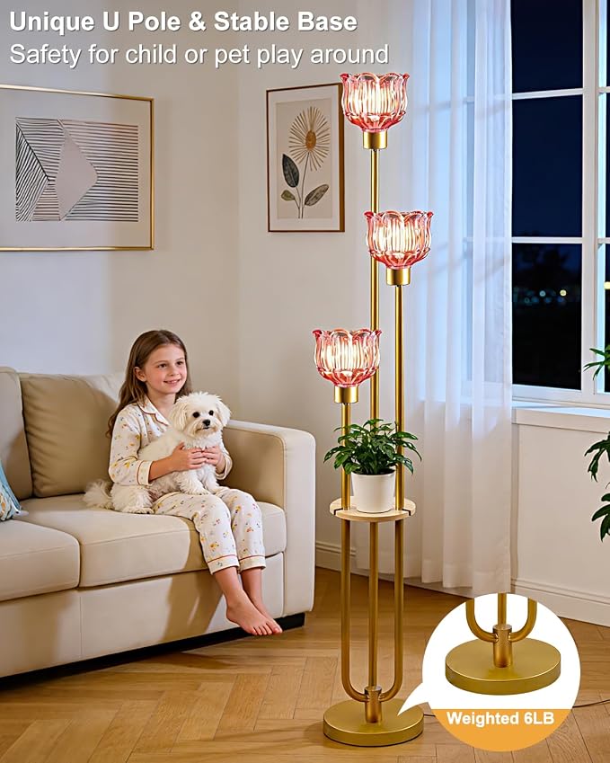 Lightdot Glass Floor Lamp for Living Room 3-Lights Modern Gold Floor Lamp with Rose Red Glass Shade 3000K Bulbs Included Unique Standing Lamp with 5Lbs Heavy Base for Bedroom/Sofa Beside/Corner Decor
