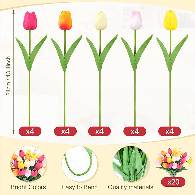 20pcs 14" Tulips Artificial Flowers for Real Touch Fake Tulips Slik Faux Flowers for Summer Wedding Bouquet Spring Mother's Day Home Decor (6 Color)