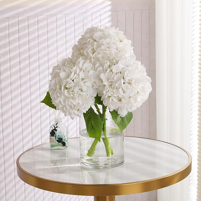 3Pcs Hydrangea Artificial Flowers, 22.44" Real Touch Latex Faux Hydrangea with Long Stems & Leaves for Home Office Decor or Wedding, Party, Centerpieces, Floral Arrangements (White)