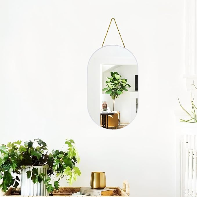 Oval Mirror, Oval Wall Mirror with Lanyard, High Definition Bathroom Mirror for Bathroom, Hallway, Living Room, Easy to Install (White, 11.61x18.9inch)