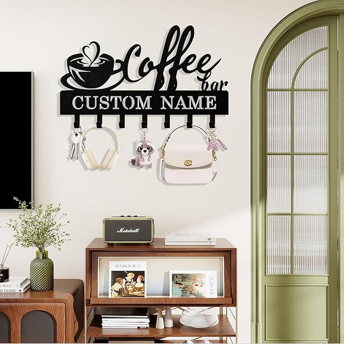 Syneiro Personalized Coffee Key Holder Wall Mount, Custom Metal Keys Holder for Wall with Name, Wall Home Key Hanger Rack with Hooks for Entryway, Front Door, Living Room, Kitchen, Bathroom, Garden