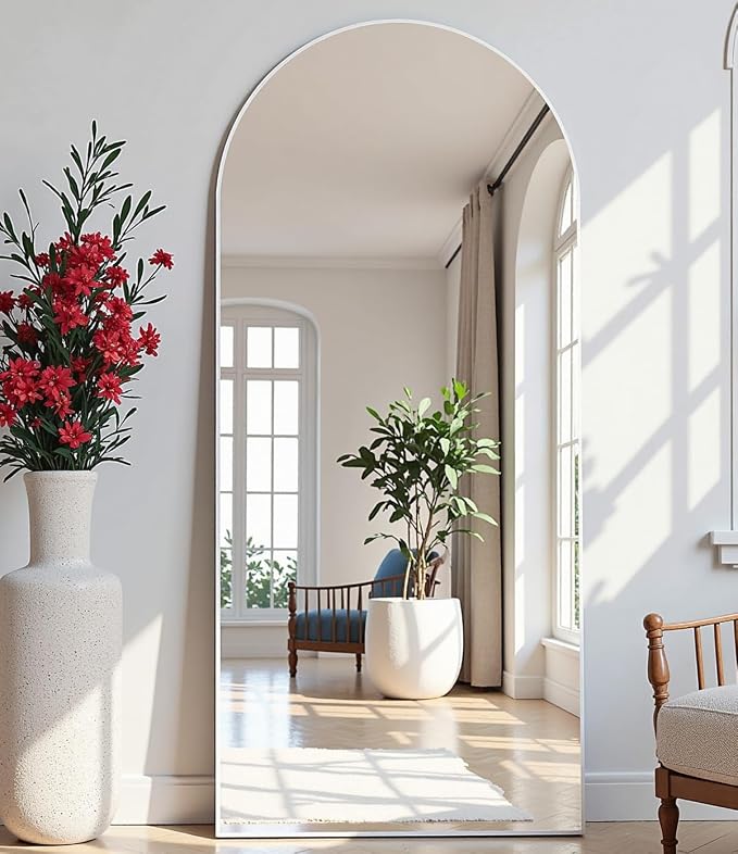 Dewfig Arched White Full Length Mirror, 64"X21" Large Floor Mirror, Full Body Mirrors for Leaning or Hanging, Standing Mirrors for Bedroom, Living Room,Dressing Room, Aluminum Alloy Frame, White