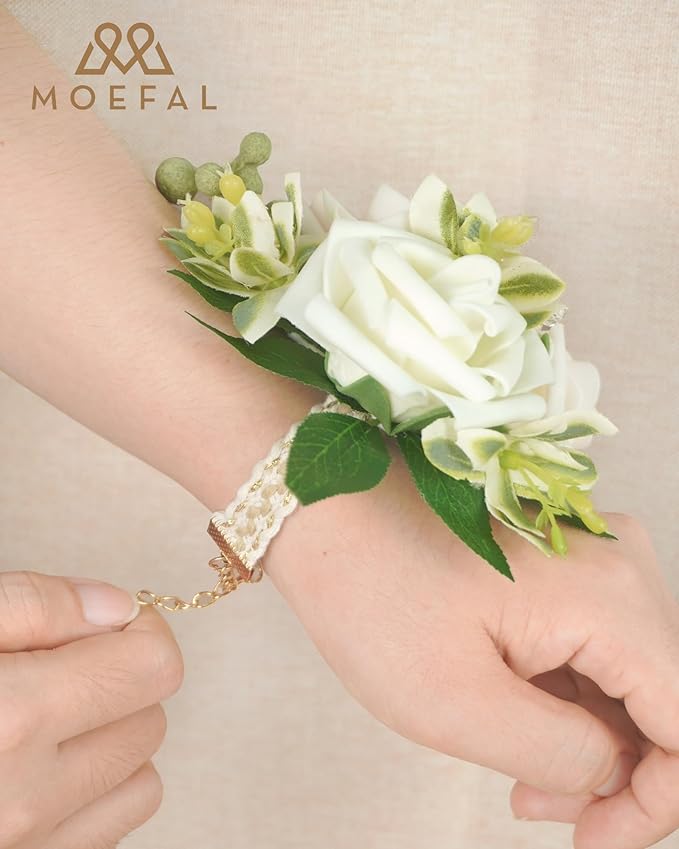 2 Pcs Artificial Flower Wrist Corsage Set, Elastic Wristlet for Prom Wedding Bridesmaid Homecoming Party Anniversary Decoration (Wht-White & Ivory)