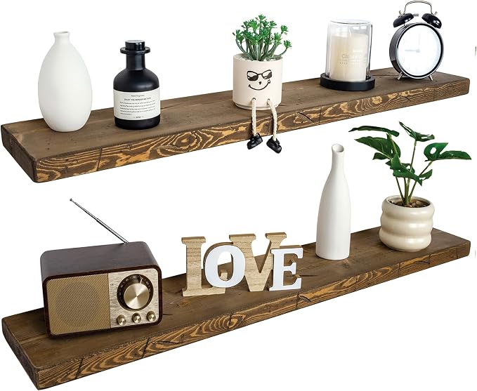 BGMG Floating Shelves 54 inch Long, Distressed Rustic Wooden Wall Shelves for Bathroom Living Room Bedroom Kitchen Farmhouse Set of 2-54x6.7x1.75 inch-Distressed Walnut