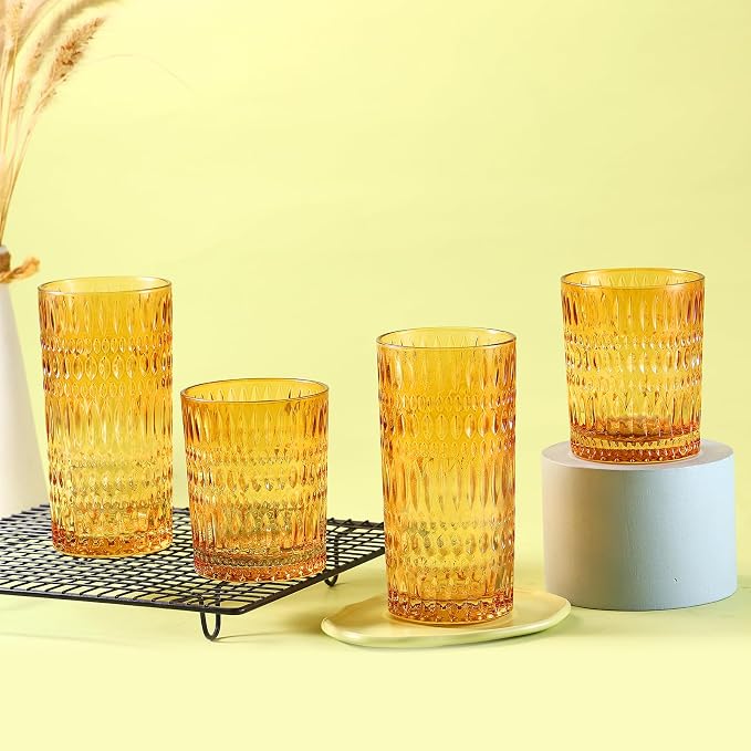 Loivttvv Glassware Drinking Glasses Set of 8, 14 oz Highball Glasses & 10 oz Ribbed Glass Cups, Vintage Glassware for Water, Juice, Cocktail (Thanksgiving Amber)