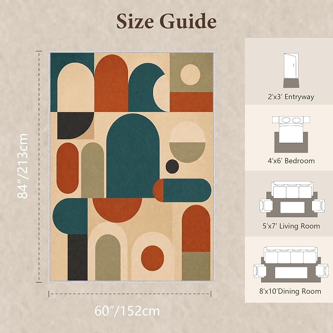 Teal Rust Area Rug 5x7, Mid Century Modern Mosaic Geometric Rug, Retro Abstract Color Block Washable Low Pile Non Slip Rug for Living Room Bedroom
