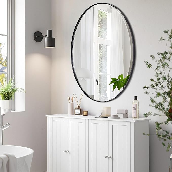 POZINO Oval Beveled Mirror, 24"x36" Bathroom Vanity Mirror for Over Sink, Matte Black Modern Oblong Wall Mirror for Living Room Entryway Bedroom Hallway Fireplace, Hangs Horizontal Or Vertical