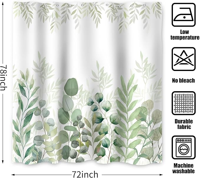 Green Eucalyptus Extra Long Shower Curtain, Leaf Plant Herbs Spring Nature Waterproof Fabric Machine Washable with Hooks for Bathroom Bathtub Decor 72Wx78H