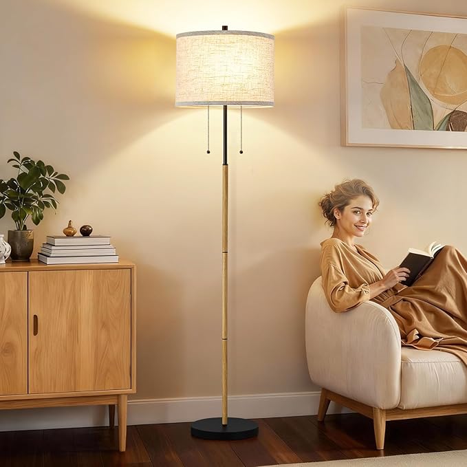 Luvkczc Floor Lamp, 62" Standing Lamp Tall Lamp with Fabric Lampshade&Pull Chain Corner Floor Lamps for Living Room, Bedroom,Office, Wood Grain 2 Bulb Socket