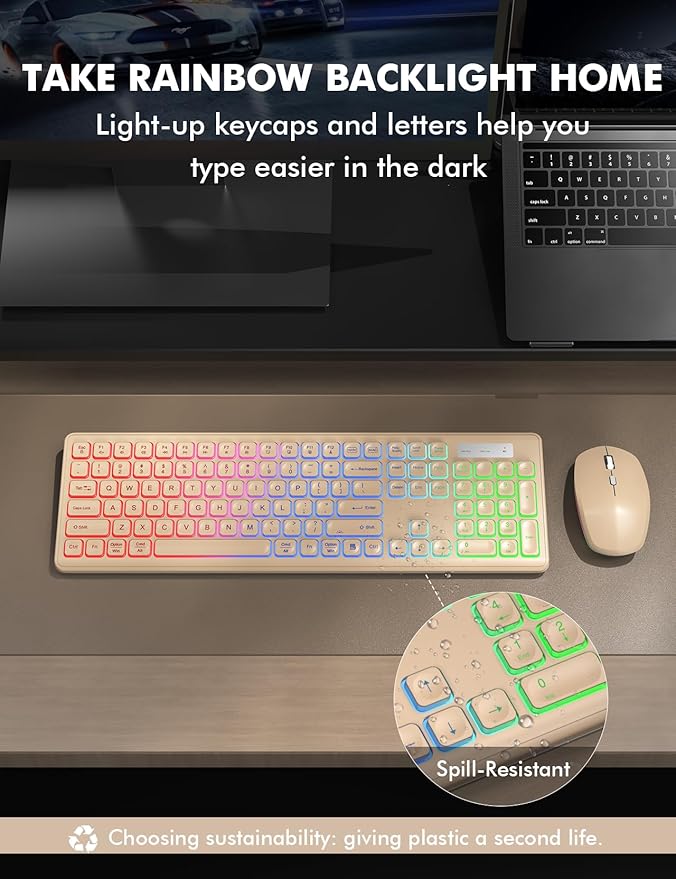 Wireless Keyboard and Mouse Combo, RGB Backlit, Rechargeable & Light Up Letters, Full-Size, Soft Typing, Sleep Mode, 2.4GHz Quiet Keyboard Set for Mac, Windows, Laptop, PC, Trueque (Warm Sand)