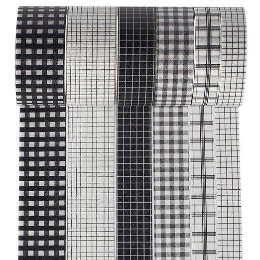 YUBBAEX 6 Rolls Plaid Washi Tape Set Basic Grid Masking Decorative Tapes for Arts, DIY Crafts, Journals, Planners, Scrapbooking, Wrapping (Black Plaid)