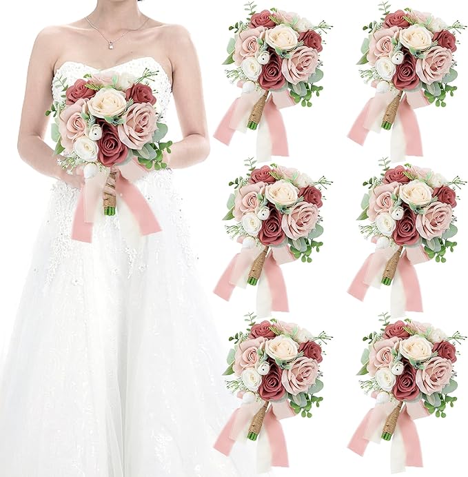 Set of 6 Bridesmaid Bouquets for Wedding - 7 Inch Artificial Flowers Bouquets for Ceremony Anniversary Centerpieces Decorations - Pink and White