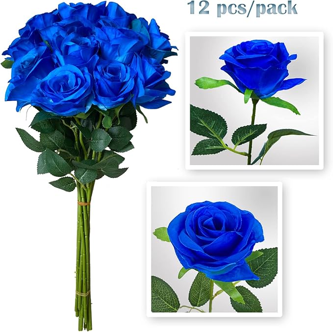 12 PCS Rose Artificial Silk Flowers, Fake Roses with Long Stems Realistic Faux Rose Flower Bouquets for Home Wedding Decoration Party-Sapphire Blue
