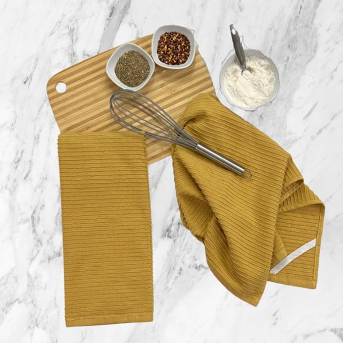 Serafina Home Mustard Yellow Ribbed Kitchen Dish Towels: 100% Cotton Cloth Soft Cleaning Drying Absorbent Terry Loop, Set of 3 Multipurpose for Everyday Use