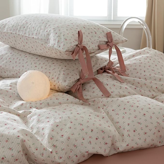 EAVD Garden Style Pink Floral Duvet Cover Queen Soft 100% Cotton Fresh Floral Pattern Bedding Set with 2 Pillowcases Chic Shabby Botanical Floral Comforter Cover with Zipper Closure
