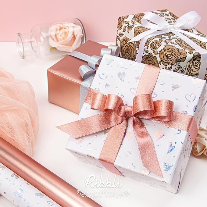 Ribbli Rose Gold Mother’s Day Wrapping Paper Mini Roll, 3 Rolls Happy Birthday Floral Heart Gift Wrap for Women Girl Friend Wedding - 17 inch x 120 inch(10feet) Per Roll