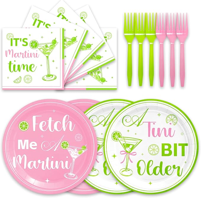 48Pcs Pink and Green Martini Birthday Party Decorations Plates A Tini Bit Older Birthday Plates Napkins Forks for 16 Guests Martini Party Supplies
