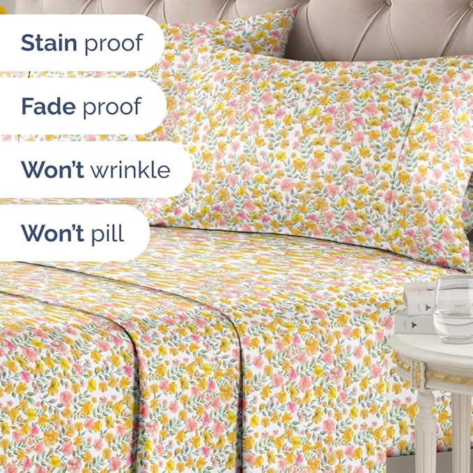 Floral Sheets - Watercolor Floral Bed Sheet Set - 1 Flat, 1 Fitted & 2 Pillowcases w/ Deep Pockets - Comfy, Wrinkle & Fade Free Boho Botanical Bedding - Soft, Breathable and Cooling - King Size New