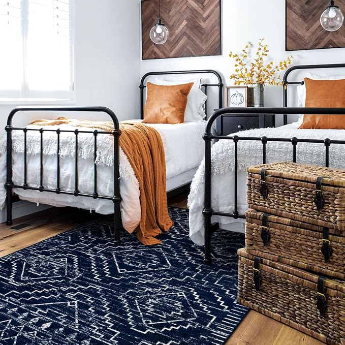 Wonnitar Moroccan Washable Rug 3x5, Blue Non-Slip Entryway Area Rug, Soft Farmhouse Bedroom Throw Mat, Geometric Low Pile Scandinavian Accent Carpet for Entry Kitchen Basement (Blue,3'x5')