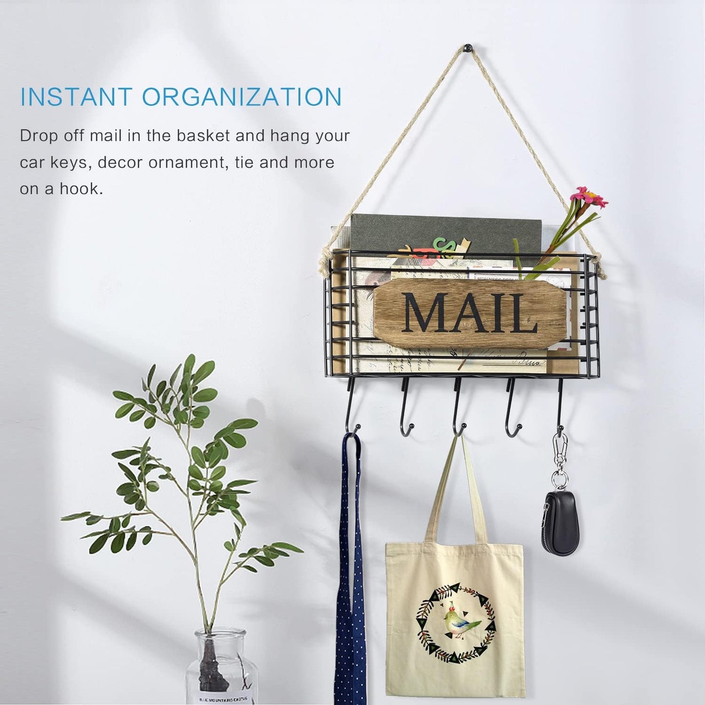 SRIWATANA Wall-Mounted Mail Organizer - Key Holder with Hooks for Easy Access and Storage