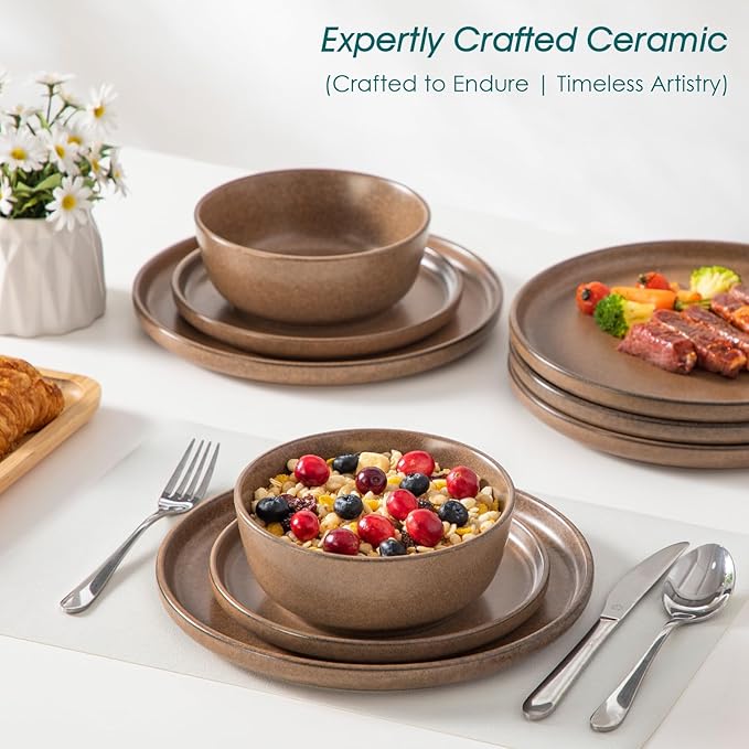 vancasso Plates and Bowls Sets, 24 Pieces Stoneware Dinnerware Set for 8, Ceramic Dish Set for Kitchen, Microwave and Dishwasher Safe, Muted Brown, Series ZERMATT