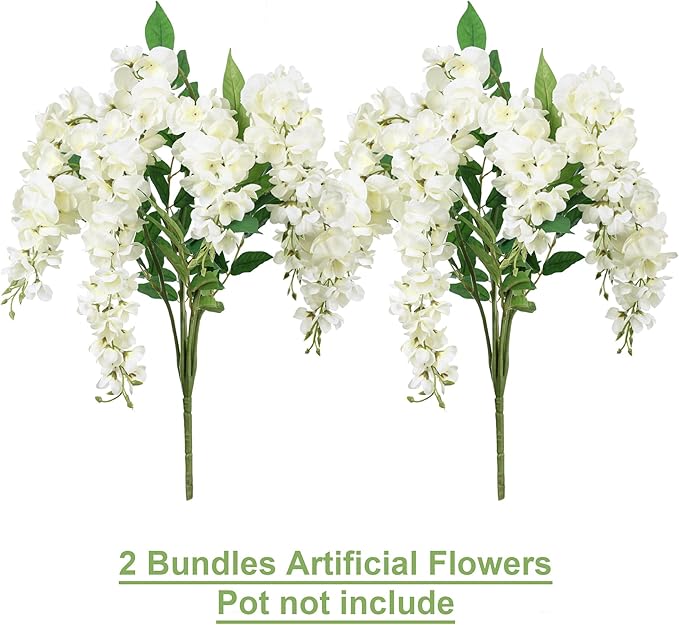 HyeFlora Fake Flowers Indoor Plants, 2Pcs Greenish White Hanging Wisteria Decoration, Light Cream White UV & Fading Resistant, Room Decor for Kitchen Living Room Bathroom Centerpiece Table