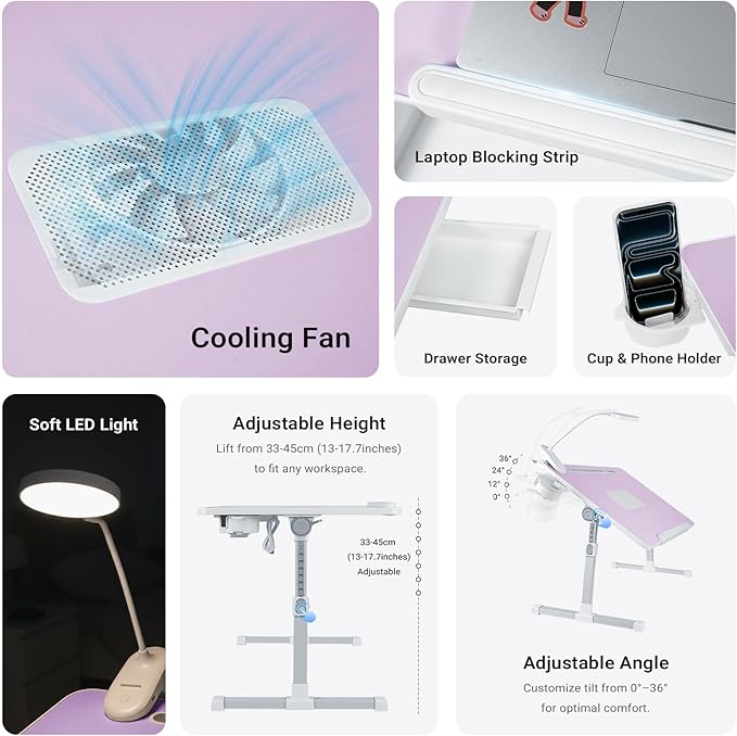 iXTRA Laptop Lap Desk with Cooling Fan - Adjustable Bed Desk with Light, Bed Table with Cup Holder&Phone Holder - Storage Drawer Desk - Folding Bed Desk,Purple,70x45cm