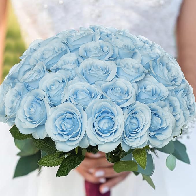 50pcs Artificial Roses Flowers in Bulk,Realistic Silk Fake Rose with Long Stem for Wedding Centerpieces Bouquet Party Floral Arrangement Home Decoration (Blue)