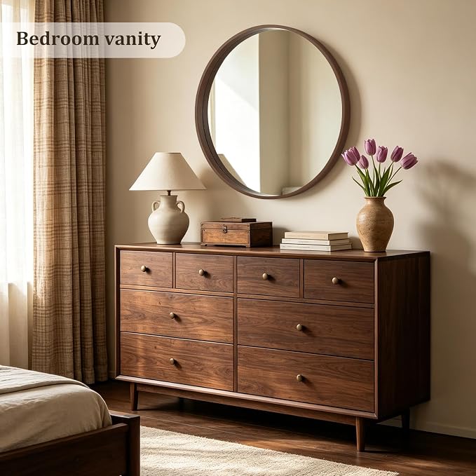 WallBeyond 36 Inch Round Wood Mirror, Large Circle Wooden Frame Wall Mirror for Bathroom, Living Room, Bedroom, Entryway (Walnut)