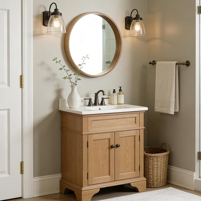 WallBeyond 24 Inch Natural Round Wood Mirror, Circle Wooden Frame Wall Mirror for Bathroom, Living Room, Bedroom, Entryway