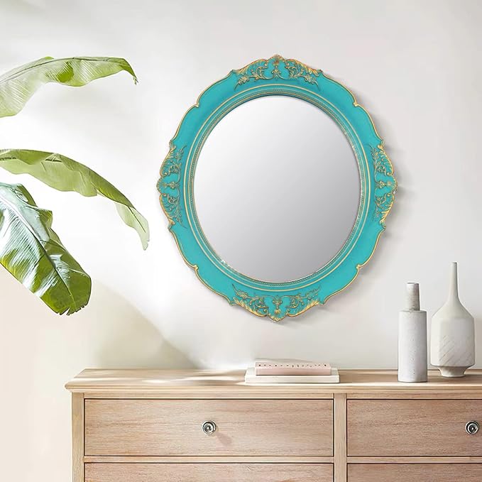 YCHMIR Vintage Decorative Wall Mirror 14.8 x 13.1 Inch Oval Mirror （Blue）
