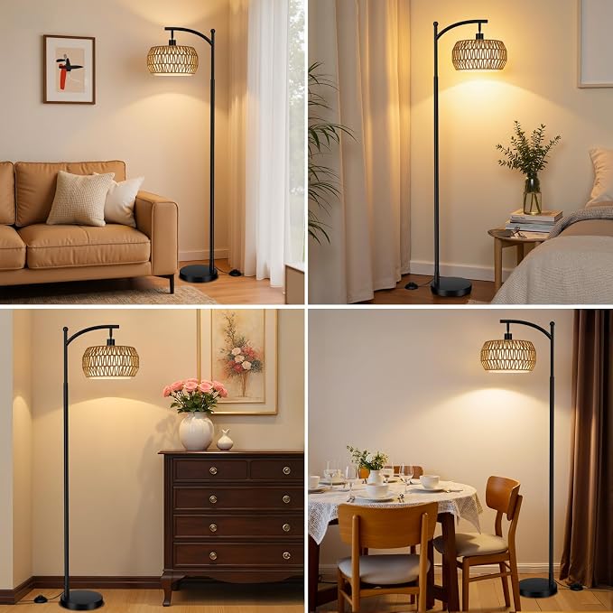 Ambimall Arc Floor Lamp for Living Room with Remote, Color Temperature & Brightness Adjustable, Bohemia Standing Lamp with Rattan & Fabric Double Drum Shades, Bulb Included(Black)