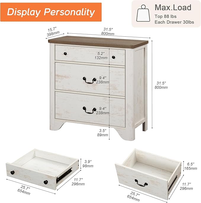 Dresser for Bedroom with 3 Drawers, Rustic White Kids Dressers Wood Chest of Drawers with Curved Profile Design, Mid Century Modern Small Closet Storage Organizer for Nursery, Hallway, Living Room