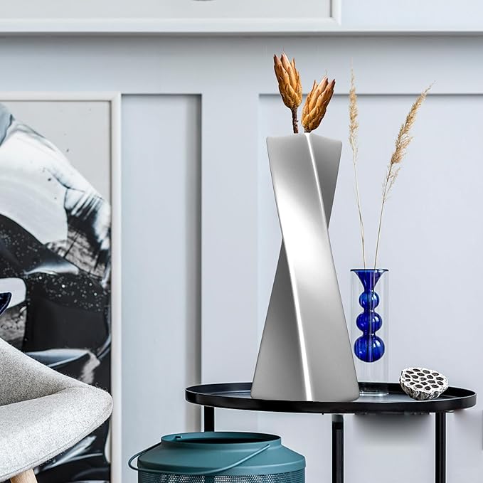 Silver Ceramic Geometric Vase, 11.8" H, Modern Decorative Vase for Home Decor