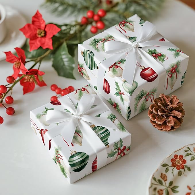 LeZakaa Christmas Wrapping Paper Roll – 17 in x 16.4 ft Gift Wrap with Red & Green Ornaments, Holly & Bells Holiday Design for Christmas Presents & Party Gifts