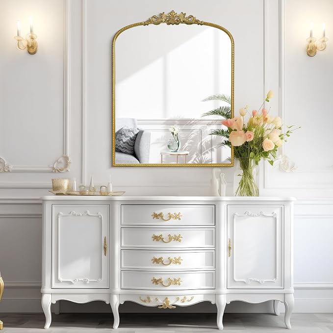 WallBeyond Gold Vintage Mirror for Vanity 28x36 Inch, Gold Antique Mirror with Ornate Frame, Arched Vintage Wall for Bathroom, Living Room, Fireplace, Entryway