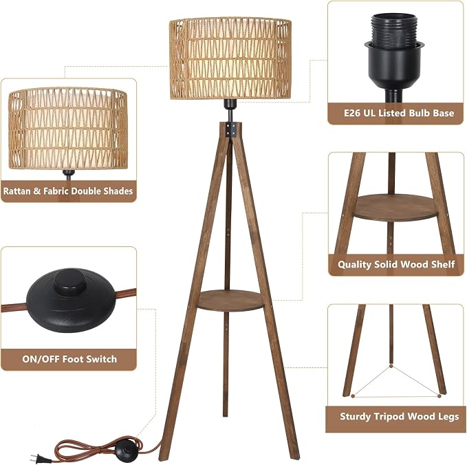 LAMSU Boho Tripod Floor Lamps for Living Room, Rattan Wood Floor Lamp with Fabric Shades, Mid Century Standing Lamp with Shelf, Foot Switch, Modern Farmhouse Tall Lamps for Bedroom Office Brown