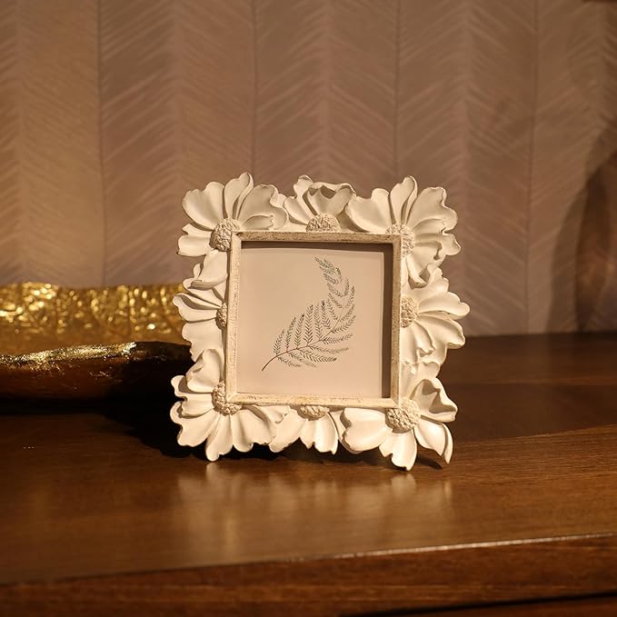 4x4 Small Vintage Picture Frame, Tiny Antique White Ornate Square Photo Frame, for Tabletop and Wall Display, Decorative Floral Design Retro Home Decor, Old Fashioned Photo Gallery Art