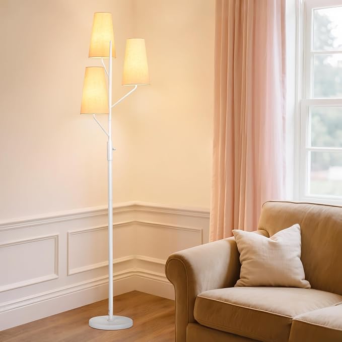 SRJJA Industrial Floor Lamp for Living Room, 70" Tall 3-Light Tree Standing Lamp with White Pole, Farmhouse Rustic Reading Floor Lamps for Bedroom, Office and Study(Bulb Not Included)