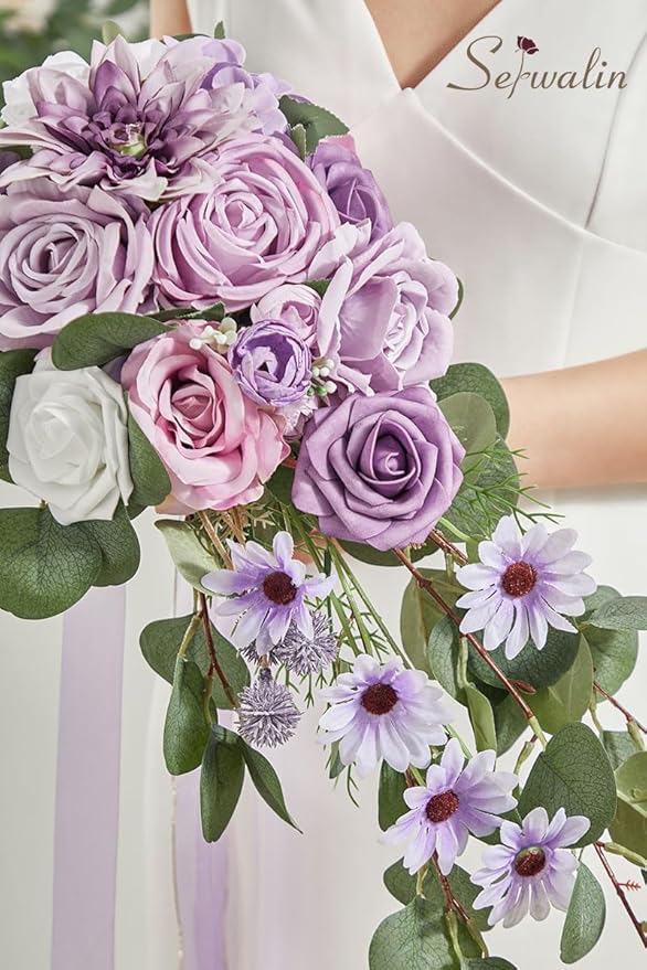 Serwalin 9.8 Inch Wedding Bouquets for Bride Bridesmaid, Purple Dahlia Bridal Bouquets for Bride, Wedding Flowers Bouquet Tossing Bouquet, Wedding Ceremony and Anniversary Decoration