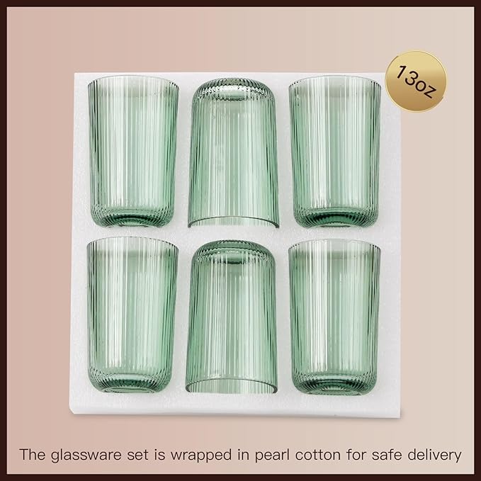 Green Ribbed Highball Glasses Set of 6, 13.2oz Sage Green Colored Glassware, Drinking Glasses for Water, Juice, Iced Coffee, Cocktails, Green Glass Cups, Housewarming Christmas Gift