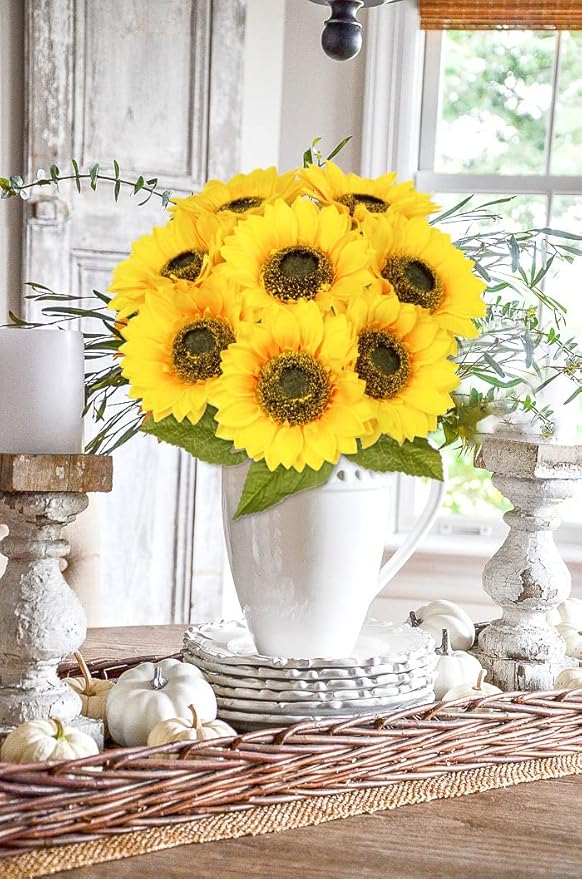8 Pcs Large Sunflowers Artificial Flowers 6" Full Bloom Long Stem Artificial Sunflower 25.6" Tall Sun Flowers Giant Silk Sunflowers with Stem Fake Sunflower Floral Arrangement for Home Wedding Decor