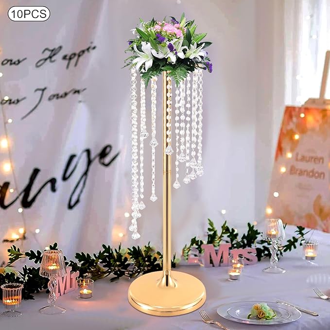 Bud Vases | Vase| 10PCS Gold Crystal Flower Vases | 27.5" Height | Elegant Wedding Centerpieces | Sparkling Crystal Accents | for Wedding Aisle Decor, Wedding Reception, Event Centerpieces