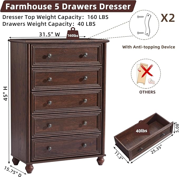 Farmhouse 5 Drawers Dresser Set of 2 for Bedroom, Wood 45" Tall Chest of Drawers, Dresser Rustic Storage Dressers Organizer with Metal Handle Closet for Living Room, Hallway Entryway(Walnut)